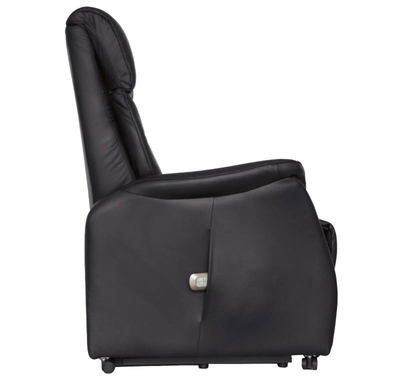 Zijaanzicht van de Cantus-tv-fauteuil PORTLAND in zwart leer met zichtbaar bedieningspaneel.