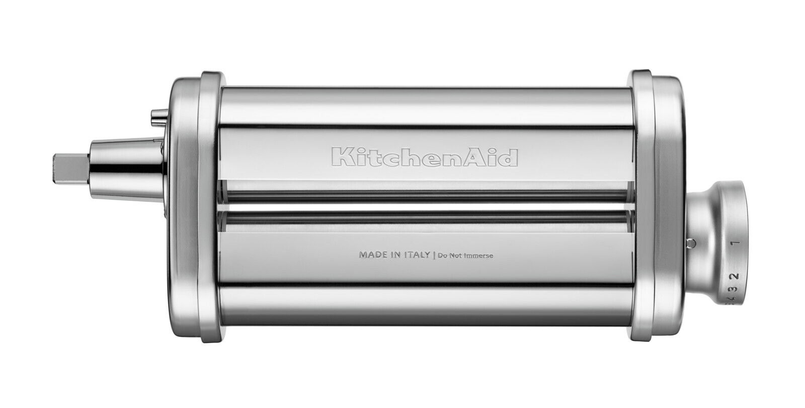 Nudelvorsatz aus Edelstahl von KitchenAid, seitliche Ansicht mit drei Walzen, hergestellt in Italien.