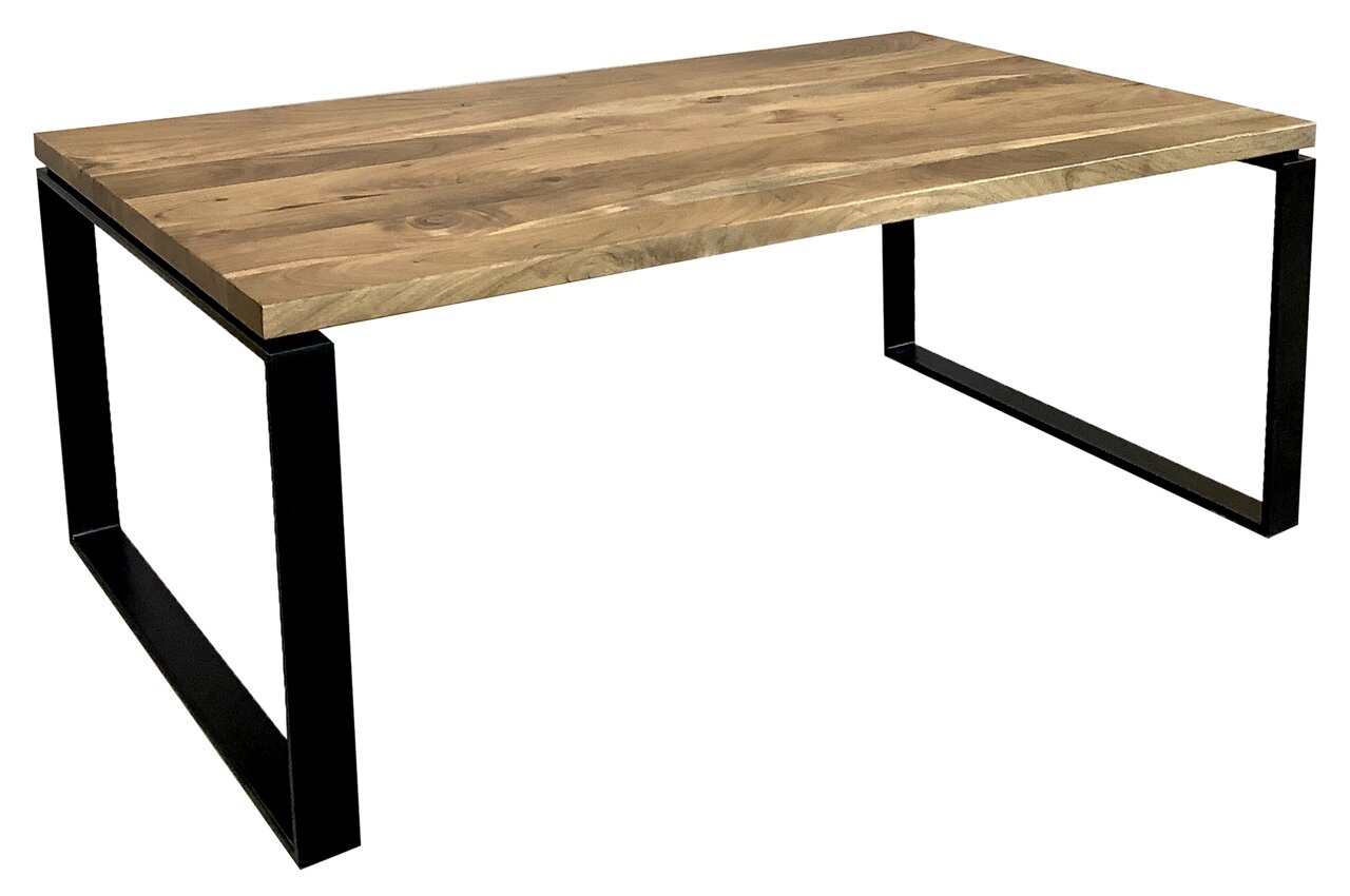 Moderne salontafel met houten blad en zwart metalen onderstel, zijaanzicht