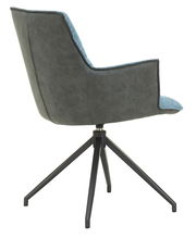 Moderner Sessel mit grauem Stoffbezug und blauen Akzenten, Rückansicht, auf schwarzem Metallgestell.