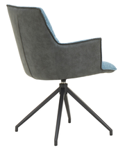 Moderner Sessel mit grauem Stoffbezug und blauen Akzenten, Rückansicht, auf schwarzem Metallgestell.