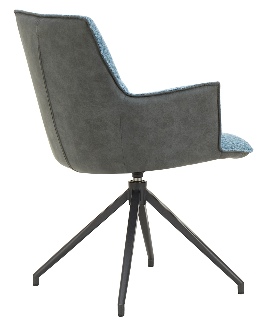 Moderner Sessel mit grauem Stoffbezug und blauen Akzenten, Rückansicht, auf schwarzem Metallgestell.