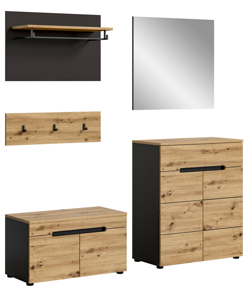 MID.YOU Garderobenkombination CANU Garderobenkombination in Holzoptik mit schwarzem Akzent, bestehend aus einem Wandregal, einem Spiegel, einer Hakenleiste und zwei Schränken. Frontalansicht.