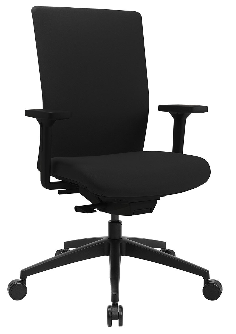 Schwarzer Bürostuhl Topstar SITNESS AIRWORK G, seitliche Perspektive, mit Armlehnen und Rollen.