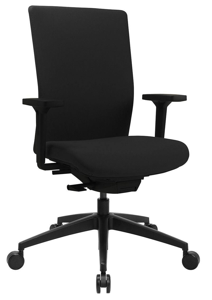 Schwarzer Bürostuhl Topstar SITNESS AIRWORK G, seitliche Perspektive, mit Armlehnen und Rollen.