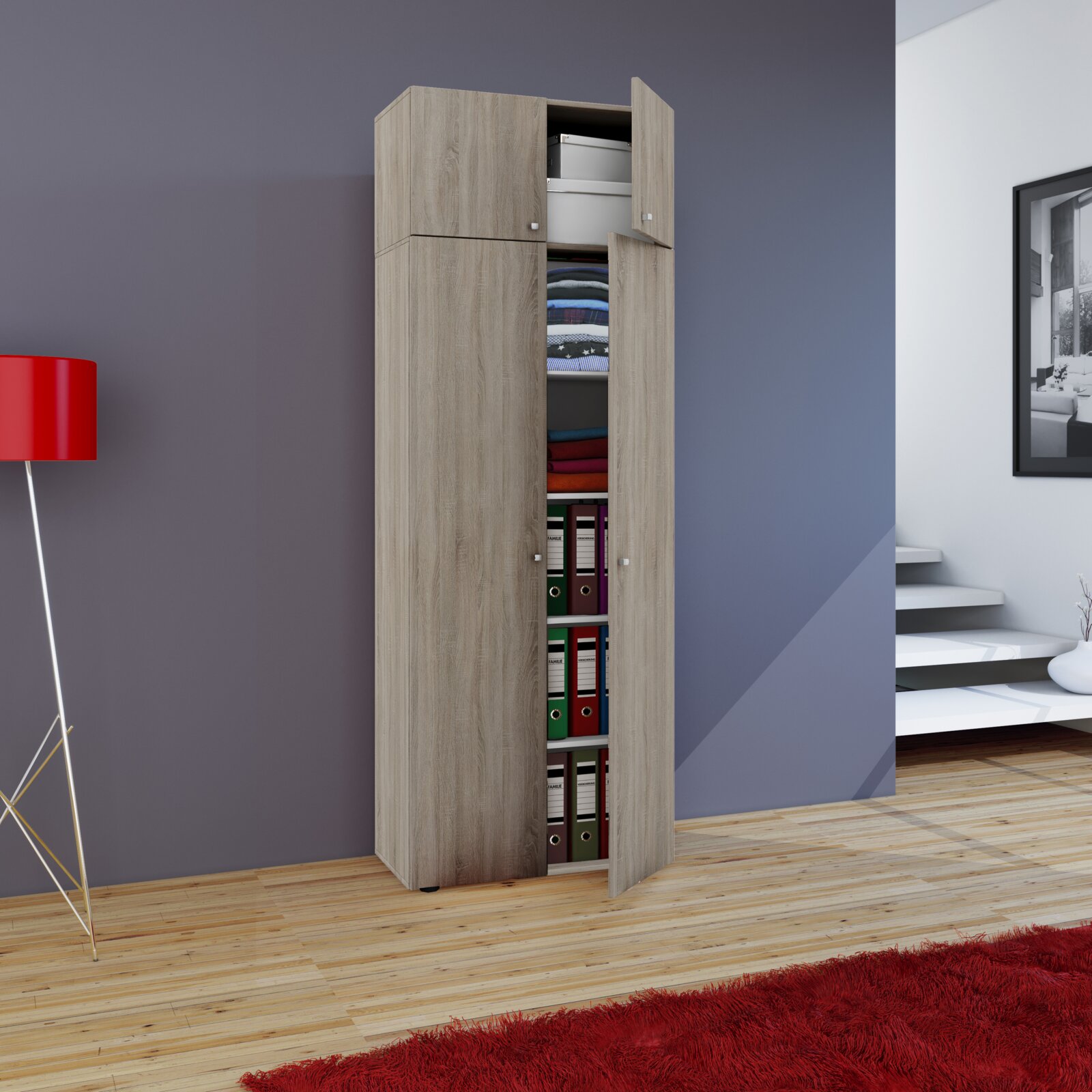 VCM Mehrzweckschrank VANDOL Hoher, schmaler Mehrzweckschrank in heller Holzoptik mit teils geöffneten Türen, innen mit Regalböden und Ordnern/gefalteter Wäsche, gezeigt in leicht schräger Frontansicht im Wohnraum.