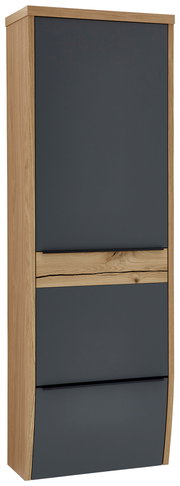 Moderner Hängegarderobenschrank in Holzoptik mit grauen Fronten, seitliche Perspektive