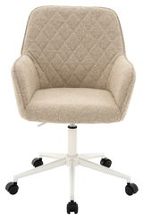 Beiger Drehstuhl mit gepolsterter Sitzfläche und Rückenlehne, auf weißem Gestell mit Rollen, Frontalansicht.