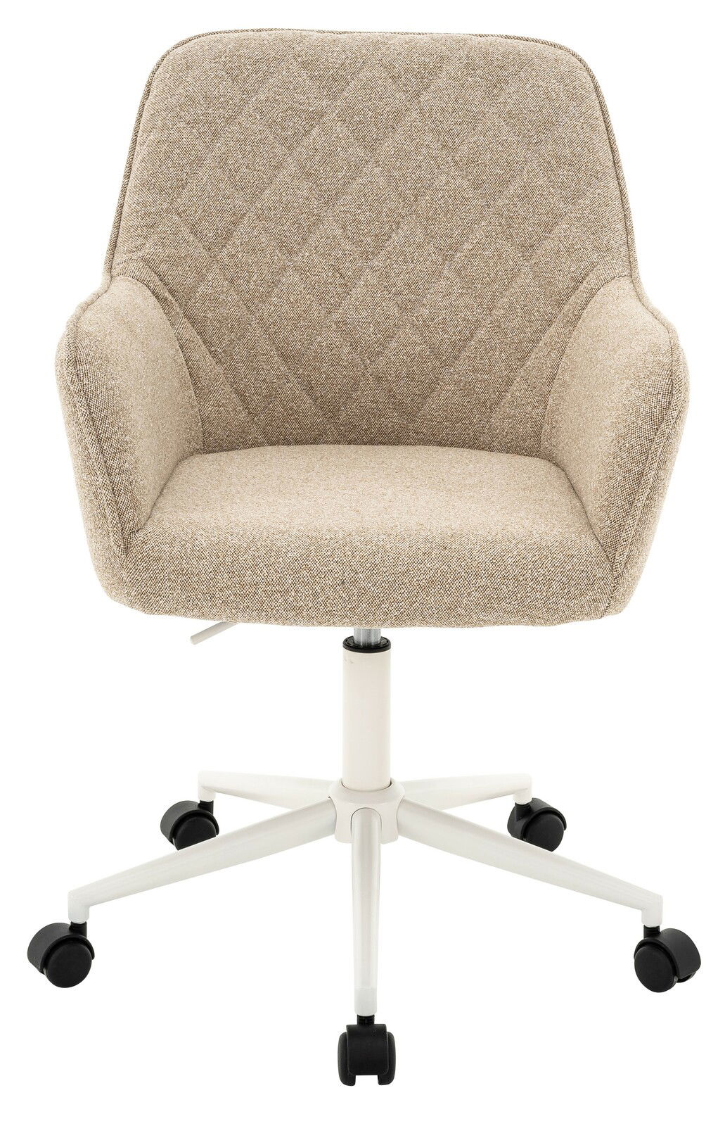 Beiger Drehstuhl mit gepolsterter Sitzfläche und Rückenlehne, auf weißem Gestell mit Rollen, Frontalansicht.