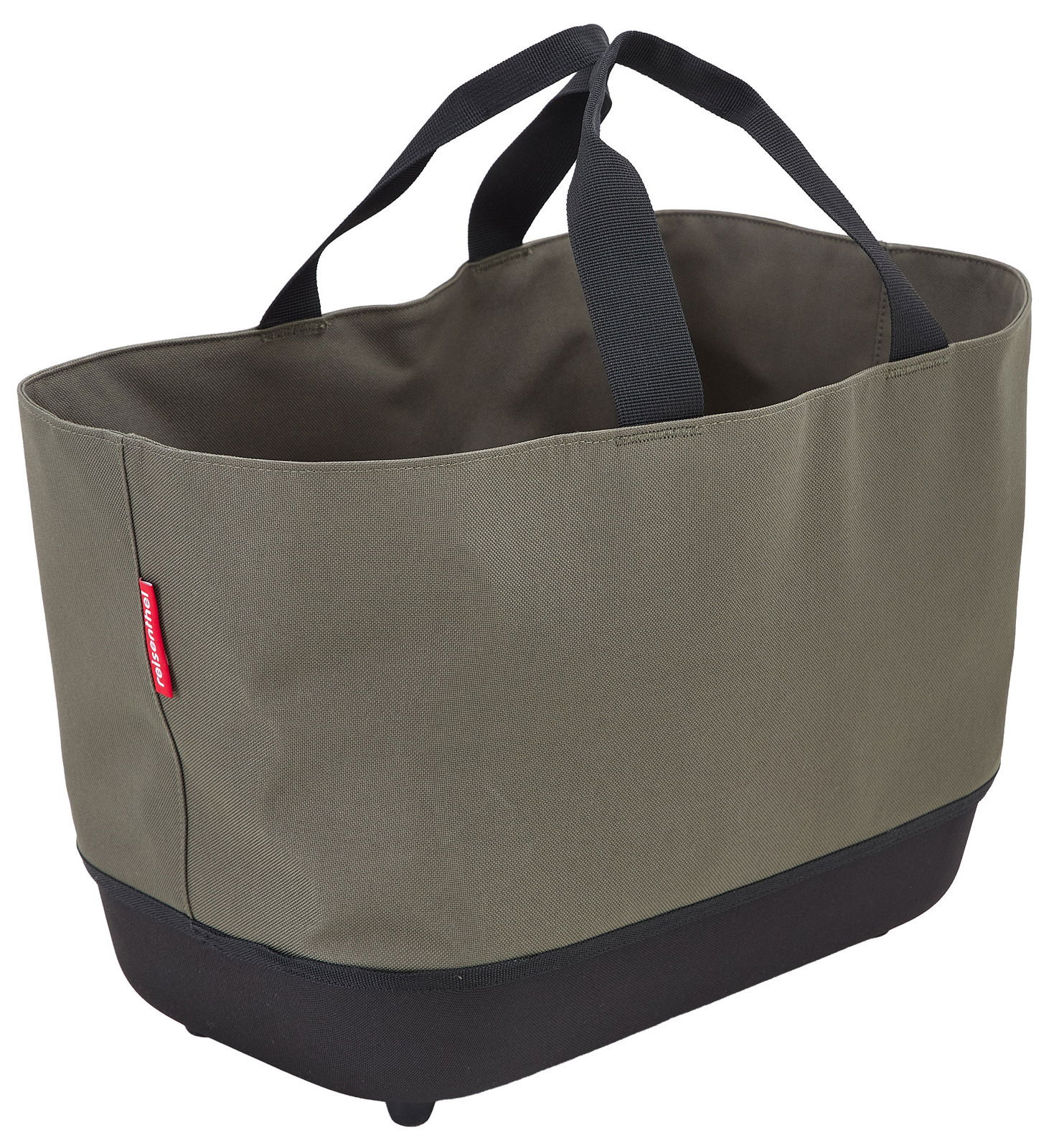 Einkaufskorb aus Stoff in Olivgrün mit schwarzen Griffen, seitliche Perspektive