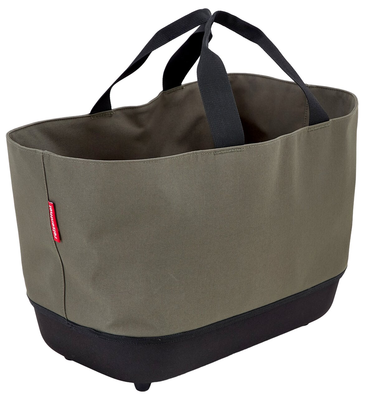 Einkaufskorb aus Stoff in Olivgrün mit schwarzen Griffen, seitliche Perspektive