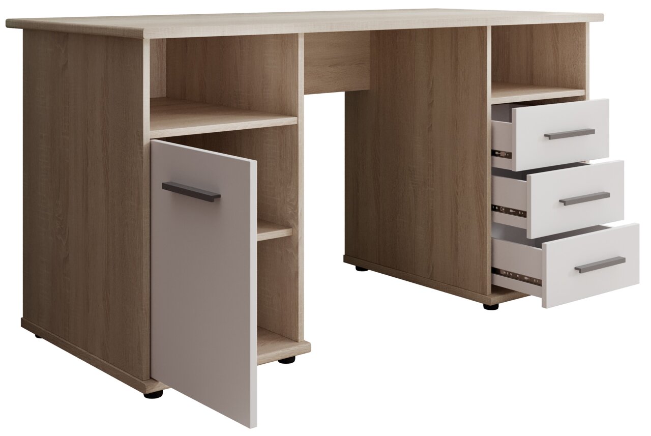 Moderner Schreibtisch aus Holz mit offenen Schubladen und Fächern, seitliche Perspektive