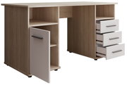 Moderner Schreibtisch aus Holz mit offenen Schubladen und Fächern, seitliche Perspektive