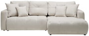 Beige Ecksofa mit mehreren Kissen, frontal betrachtet