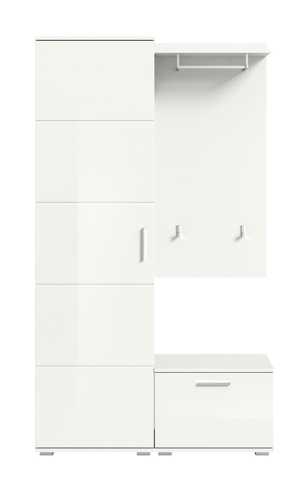 Weiße Garderobenkombination mit Schrank, Haken und Ablage, Frontalansicht