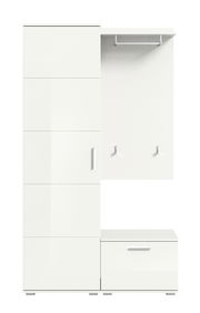 Weiße Garderobenkombination mit Schrank, Haken und Ablage, Frontalansicht