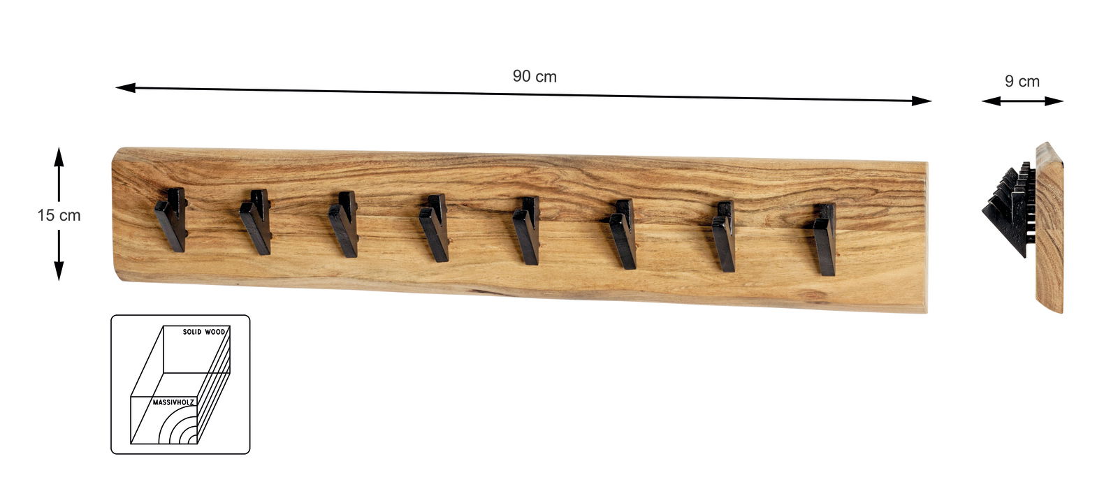 Wandgarderobe aus Massivholz mit sieben schwarzen Haken, 90 cm breit, 15 cm hoch, seitliche Perspektive