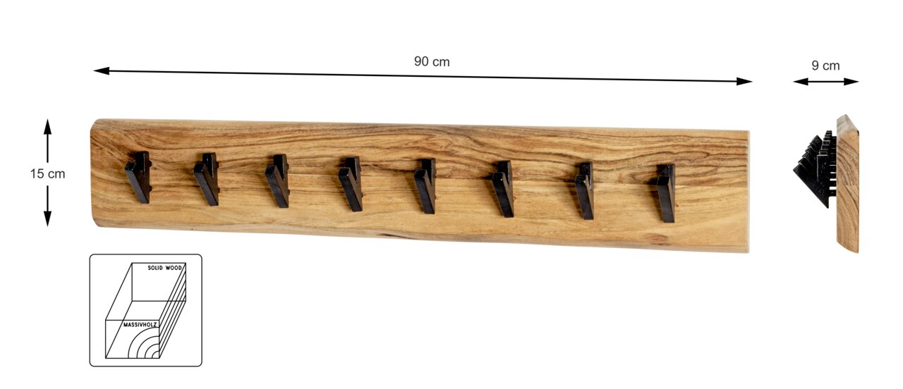 Wandgarderobe aus Massivholz mit sieben schwarzen Haken, 90 cm breit, 15 cm hoch, seitliche Perspektive