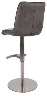 Rückansicht eines modernen Barstuhls mit grauem Polster und verchromtem Fußgestell.