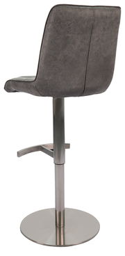 Rückansicht eines modernen Barstuhls mit grauem Polster und verchromtem Fußgestell.