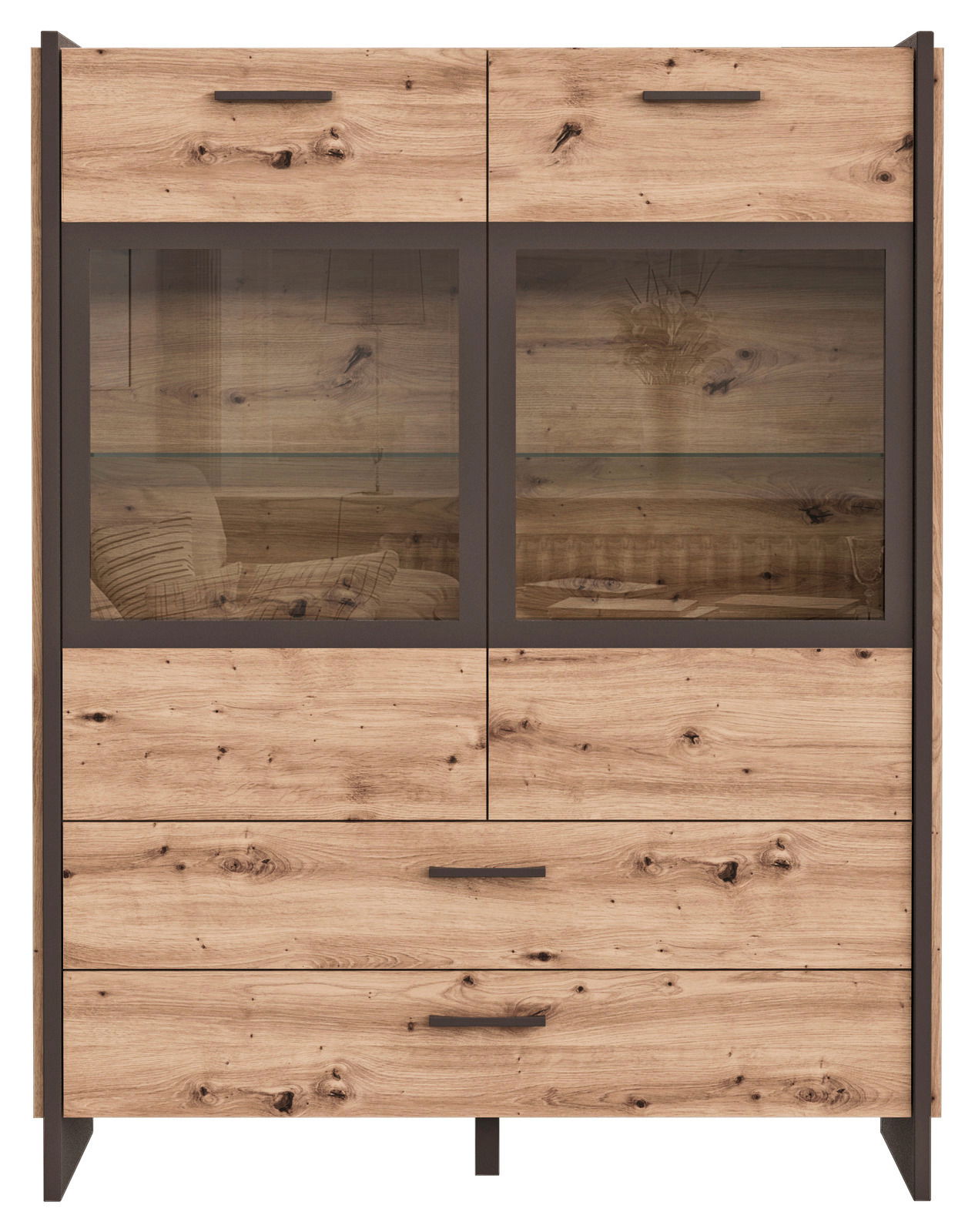Hom´in Highboardvitrine FLASH Frontale Ansicht einer Highboardvitrine aus Holz mit Glastüren und Schubladen, ideal zur Präsentation und Aufbewahrung.