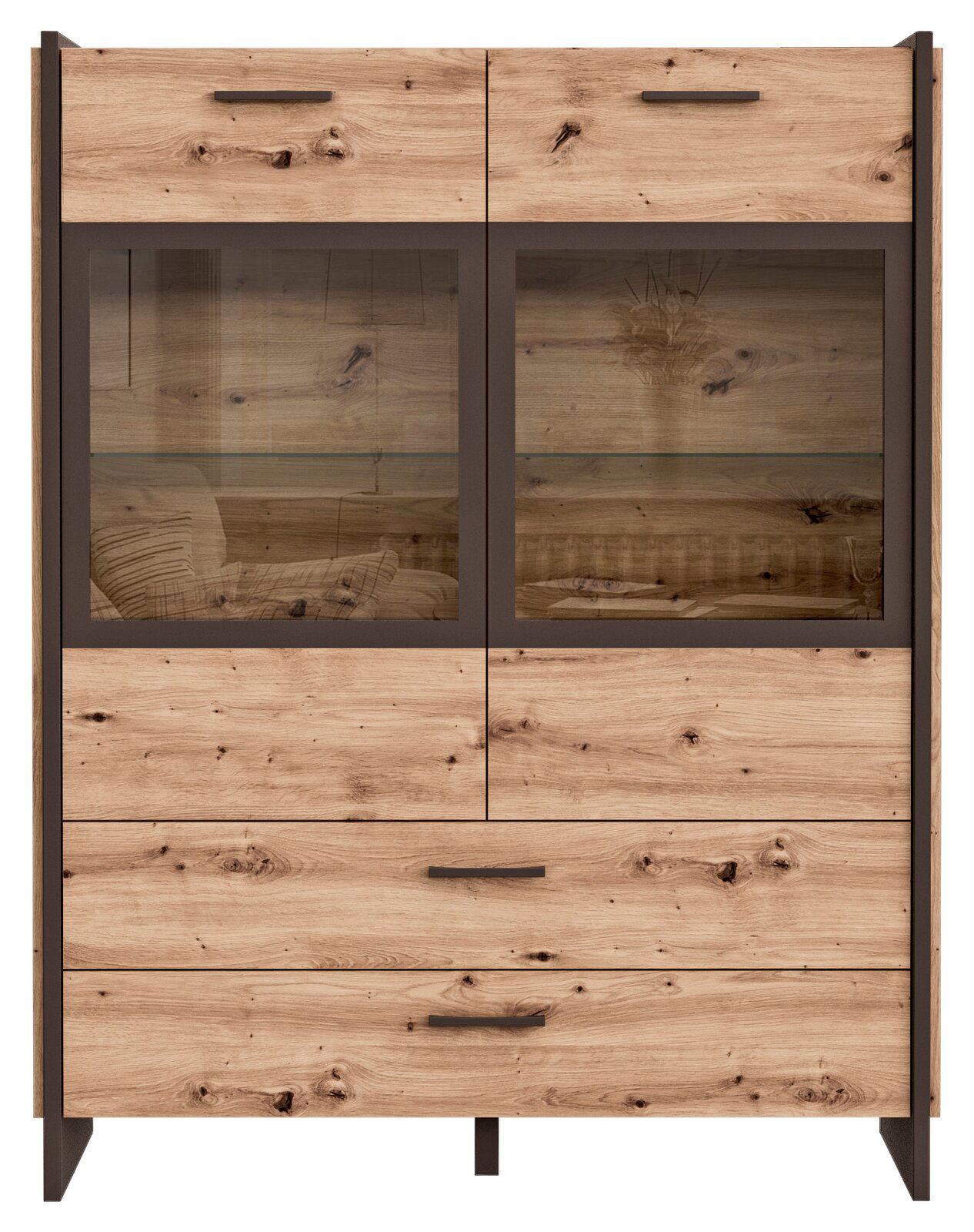 Hom´in Highboardvitrine FLASH Frontale Ansicht einer Highboardvitrine aus Holz mit Glastüren und Schubladen, ideal zur Präsentation und Aufbewahrung.