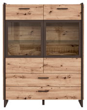 Frontale Ansicht einer Highboardvitrine aus Holz mit Glastüren und Schubladen, ideal zur Präsentation und Aufbewahrung.