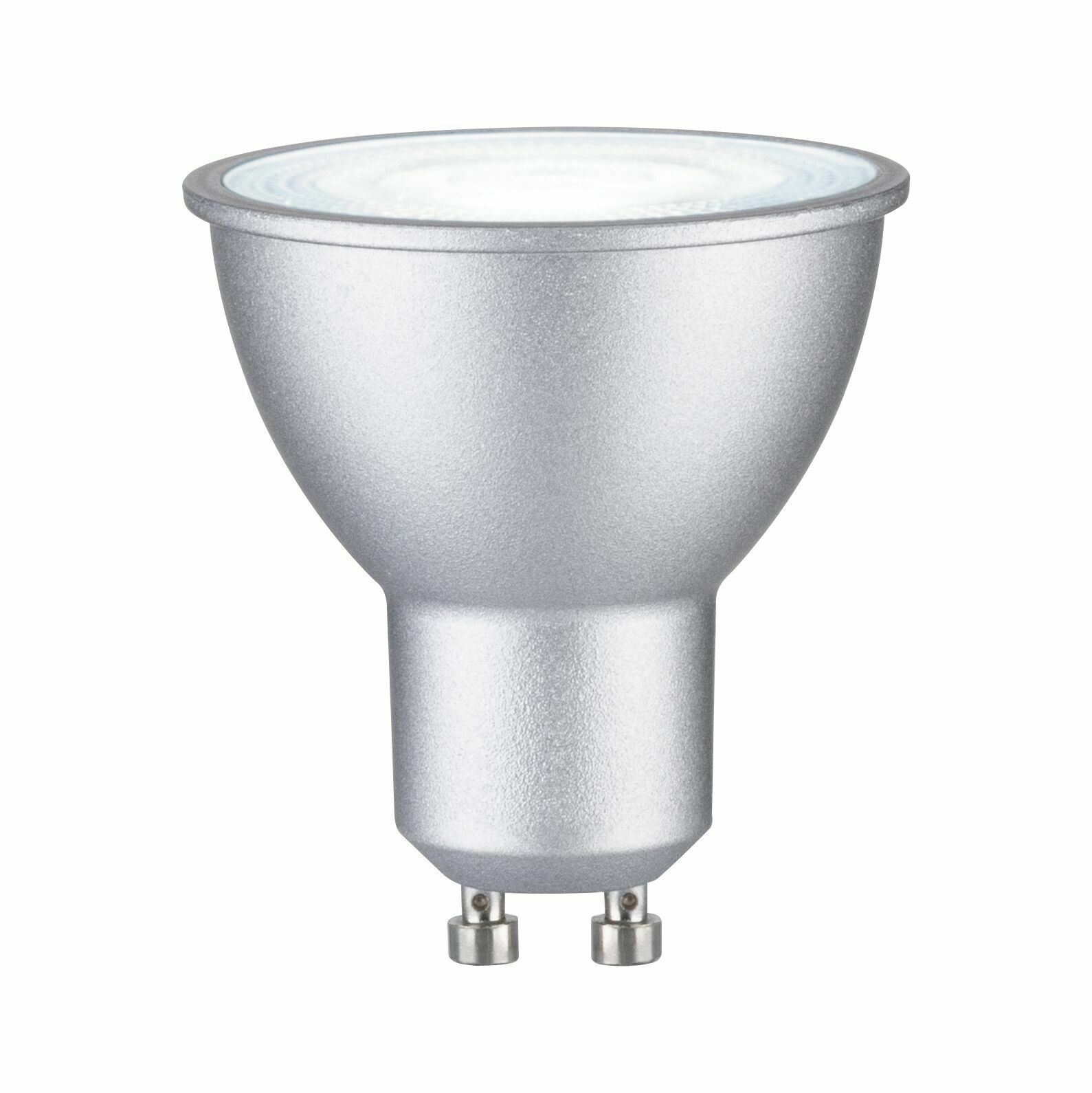 Silbernes LED Leuchtmittel mit GU10-Sockel, seitliche Perspektive
