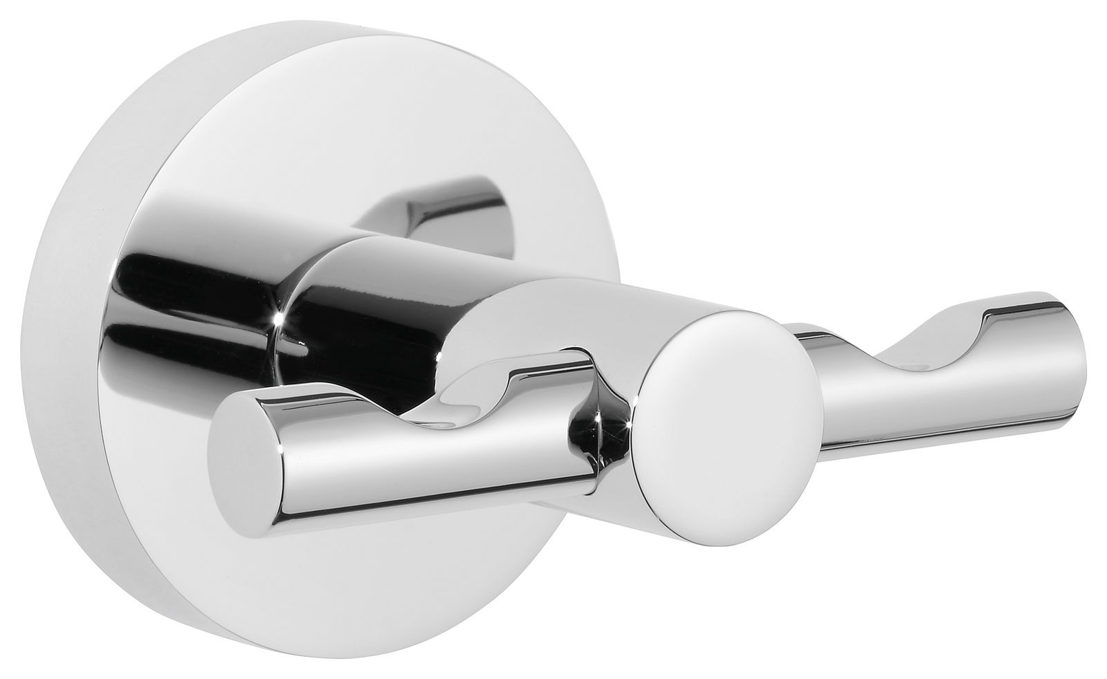 Tesa Bademantelhaken EXXCELLENT Nahaufnahme eines glänzenden, verchromten Doppelhakens zur Wandmontage, ideal für Bademäntel.