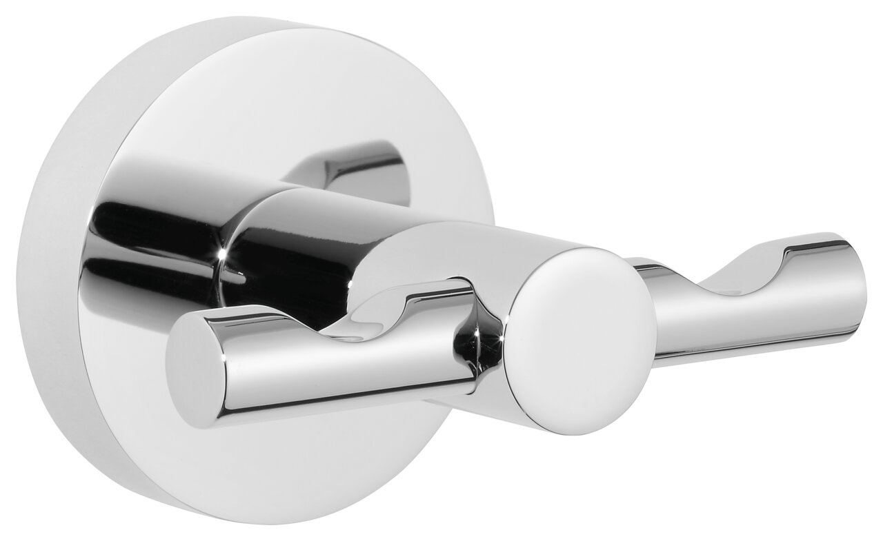 Nahaufnahme eines glänzenden, verchromten Doppelhakens zur Wandmontage, ideal für Bademäntel.