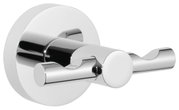 Nahaufnahme eines glänzenden, verchromten Doppelhakens zur Wandmontage, ideal für Bademäntel.