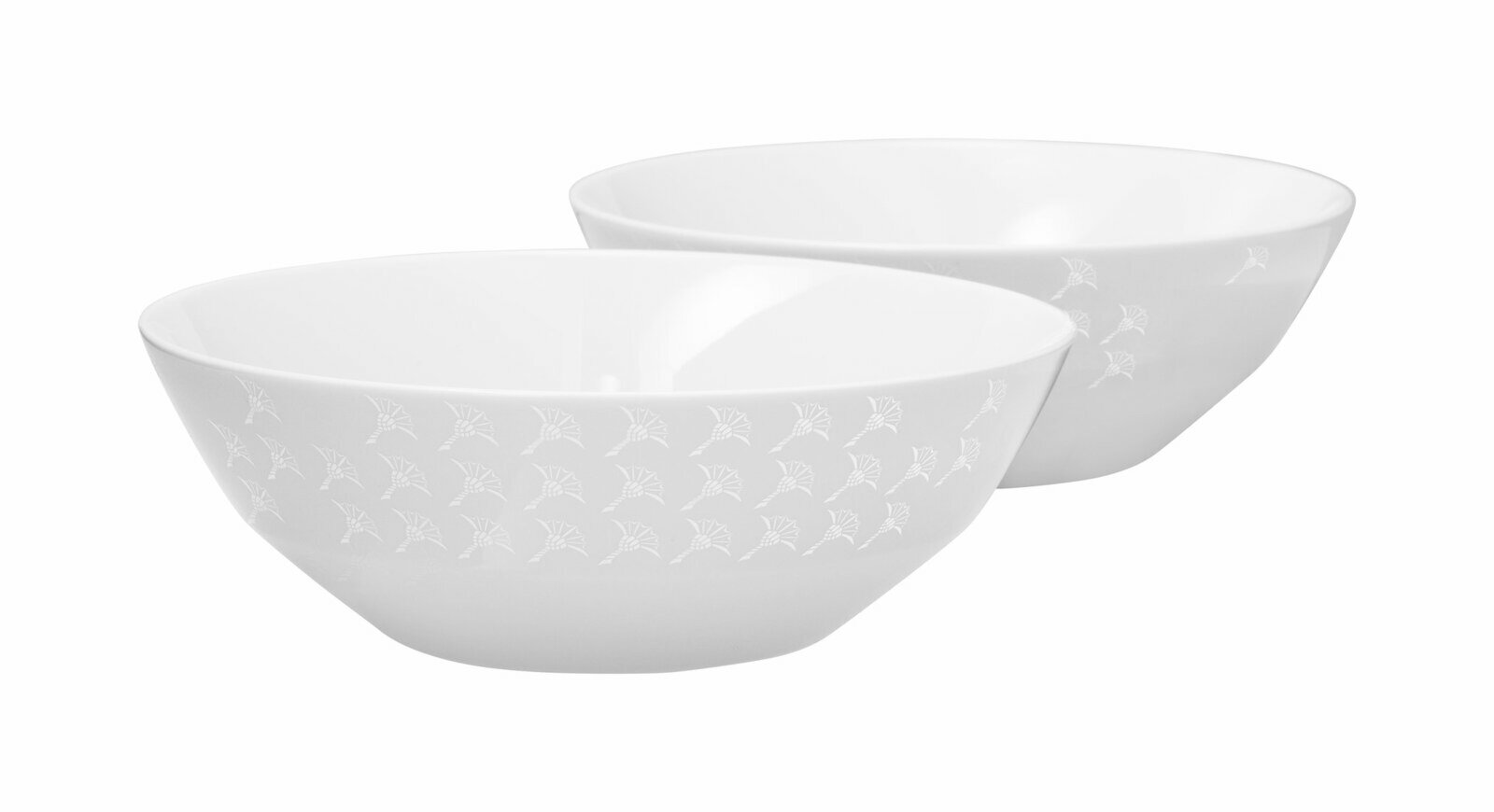 Zwei weiße Schalen mit dezentem Muster, seitliche Perspektive