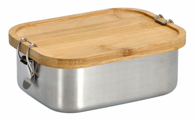 Lunchbox aus Edelstahl mit Bambusdeckel und Clipverschluss, seitliche Perspektive