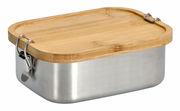 Lunchbox aus Edelstahl mit Bambusdeckel und Clipverschluss, seitliche Perspektive