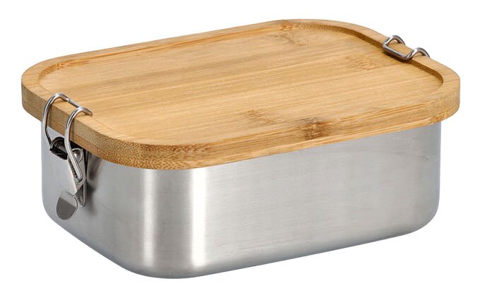 Lunchbox aus Edelstahl mit Bambusdeckel und Clipverschluss, seitliche Perspektive