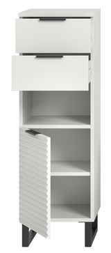 Weißer Standschrank mit zwei offenen Schubladen und einer geöffneten Tür, Vorderansicht
