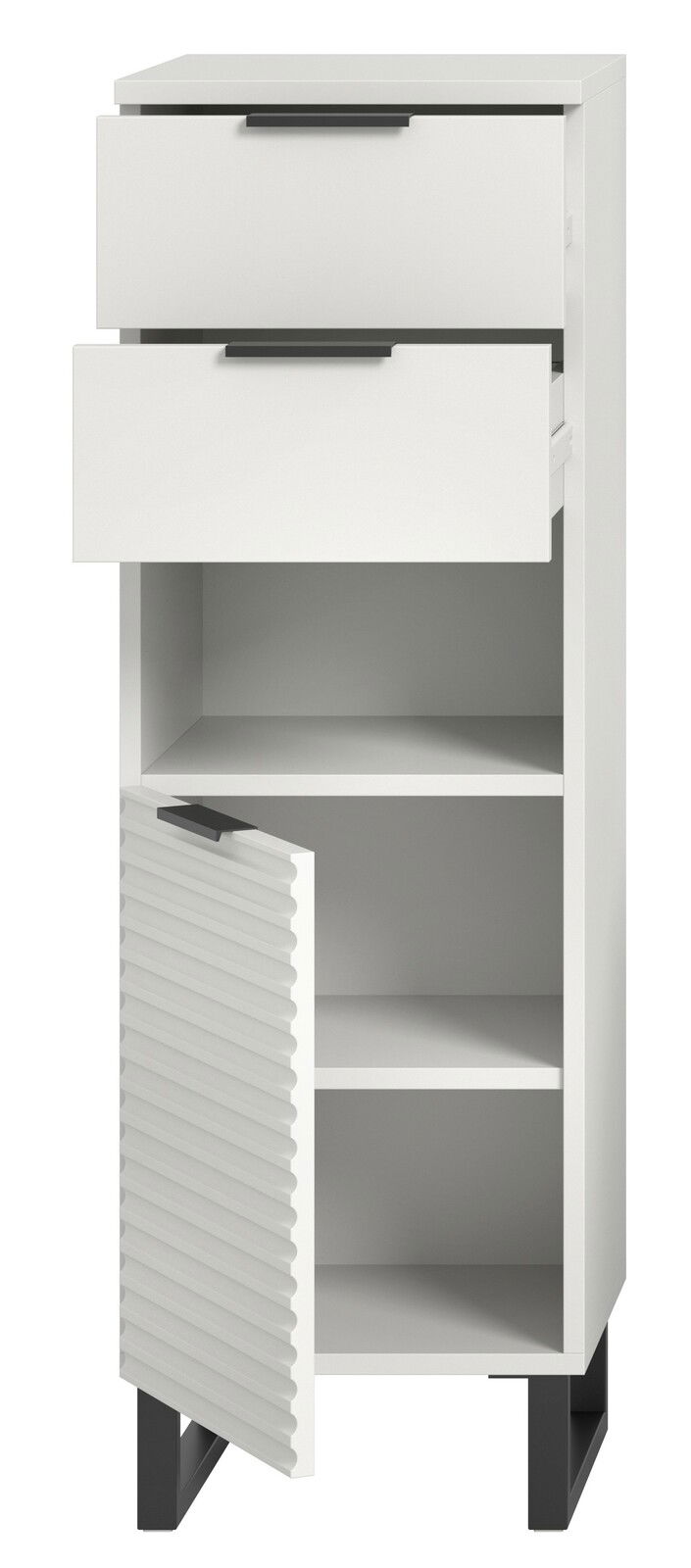 Weißer Standschrank mit zwei offenen Schubladen und einer geöffneten Tür, Vorderansicht