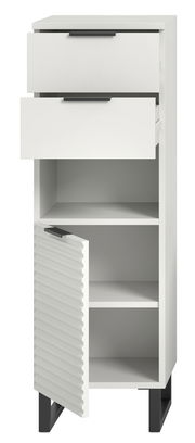 Weißer Standschrank mit zwei offenen Schubladen und einer geöffneten Tür, Vorderansicht