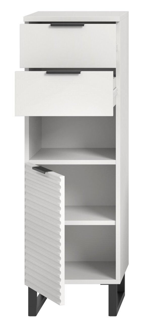 Weißer Standschrank mit zwei offenen Schubladen und einer geöffneten Tür, Vorderansicht