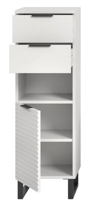 Weißer Standschrank mit zwei offenen Schubladen und einer geöffneten Tür, Vorderansicht