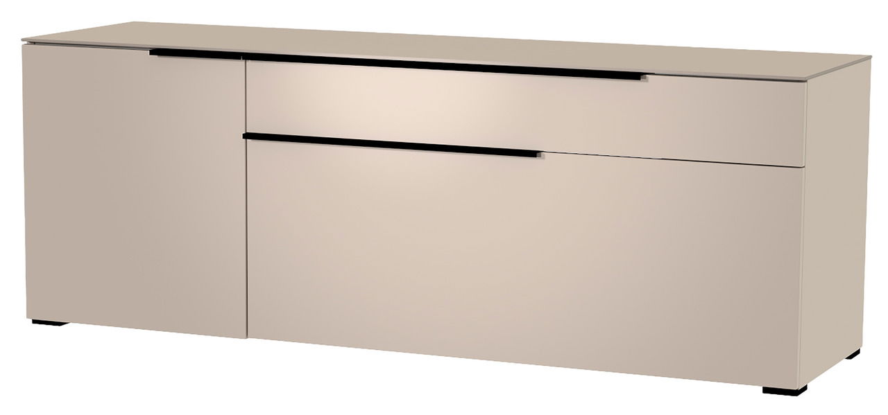 Modernes TV-Lowboard in Beige mit minimalistischen schwarzen Griffen, seitliche Perspektive