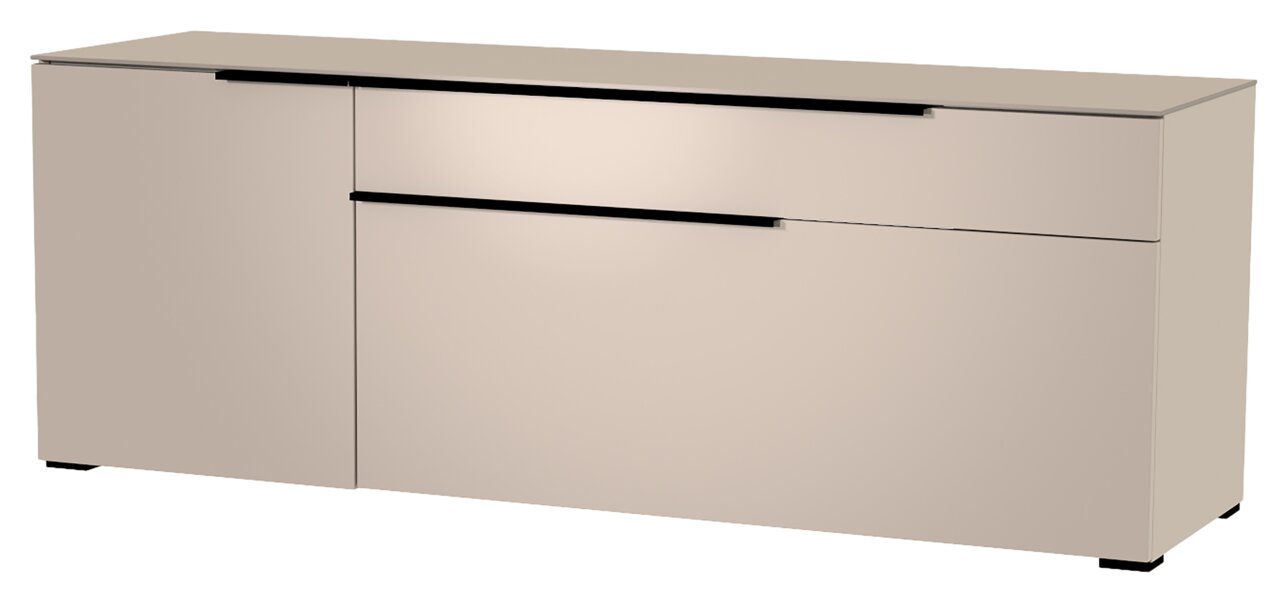 Modernes TV-Lowboard in Beige mit minimalistischen schwarzen Griffen, seitliche Perspektive