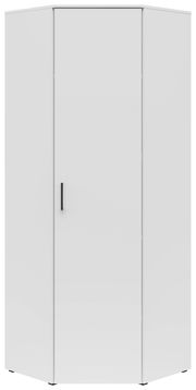 Moderner weißer Eckschrank mit einer Tür und schwarzem Griff, Frontalansicht