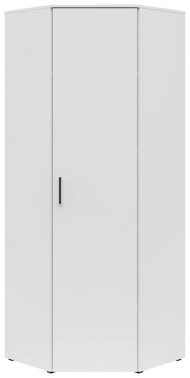 Moderner weißer Eckschrank mit einer Tür und schwarzem Griff, Frontalansicht