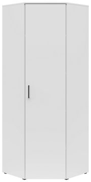 Moderner weißer Eckschrank mit einer Tür und schwarzem Griff, Frontalansicht