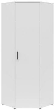 Moderner weißer Eckschrank mit einer Tür und schwarzem Griff, Frontalansicht