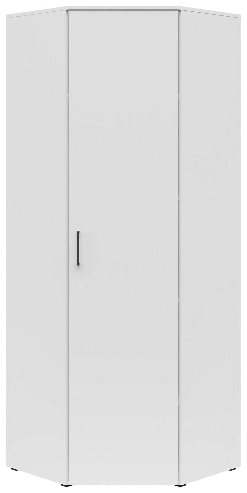 Moderner weißer Eckschrank mit einer Tür und schwarzem Griff, Frontalansicht