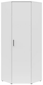 Moderner weißer Eckschrank mit einer Tür und schwarzem Griff, Frontalansicht