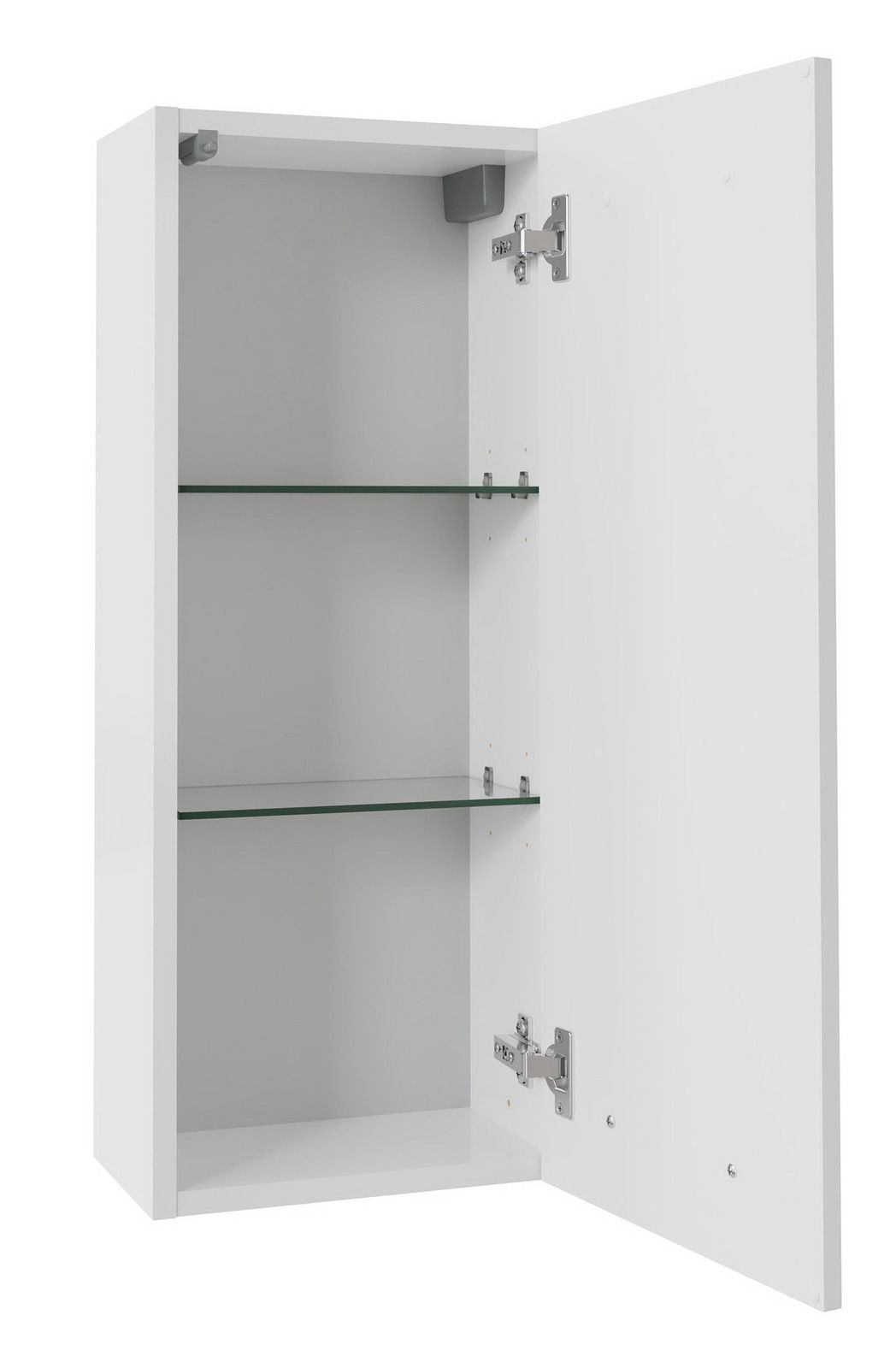 XORA Hängeschrank SERIE 3006 Weißer Hängeschrank mit geöffneter Tür und zwei Glasböden, seitliche Perspektive