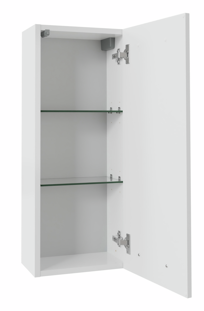 XORA Hängeschrank SERIE 3006 Weißer Hängeschrank mit geöffneter Tür und zwei Glasböden, seitliche Perspektive